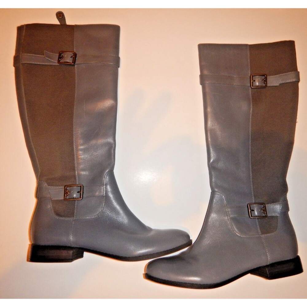 Tory Burch Gray Leather Riding Boots Colorblock Canvas Double Buckle Women's 7.5